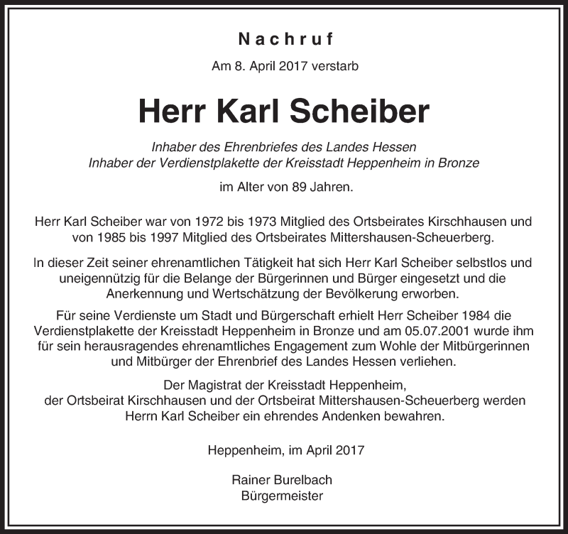  Traueranzeige für Karl Scheiber vom 20.04.2017 aus Trauerportal Echo Online