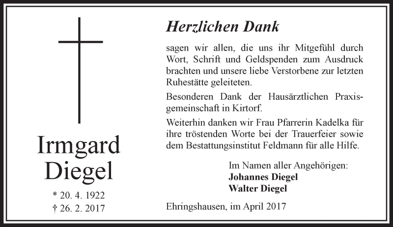  Traueranzeige für Irmgard Diegel vom 29.04.2017 aus VRM Trauer