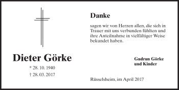 Traueranzeige von Dieter Görke von Trauerportal Rhein Main Presse