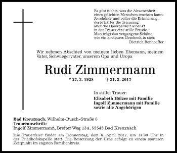 Traueranzeige von Rudi Zimmermann von Trauerportal Rhein Main Presse