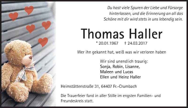  Traueranzeige für Thomas Haller vom 01.04.2017 aus Trauerportal Echo Online
