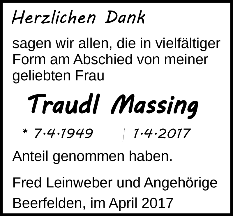  Traueranzeige für Traudl Massing vom 28.04.2017 aus Trauerportal Echo Online