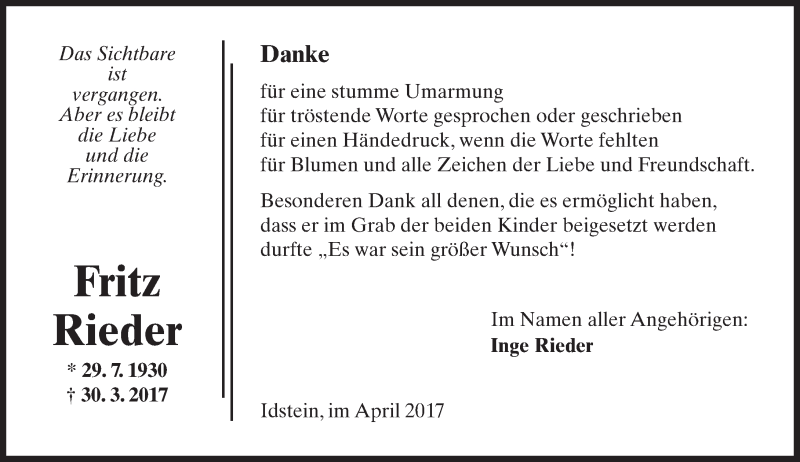  Traueranzeige für Fritz Rieder vom 29.04.2017 aus Trauerportal Rhein Main Presse