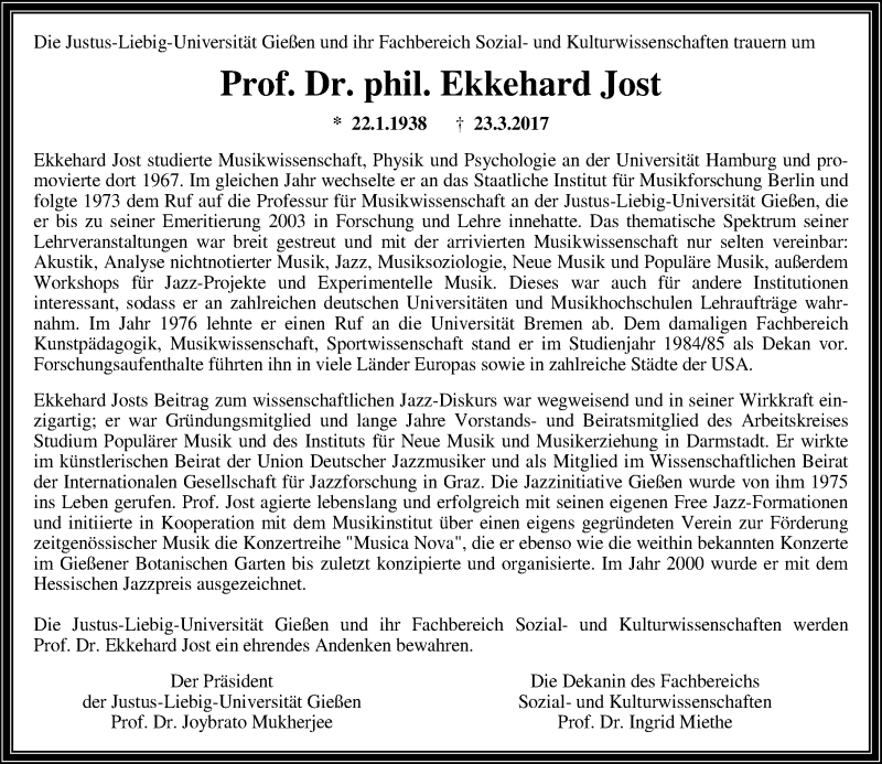  Traueranzeige für Ekkehard Jost vom 01.04.2017 aus  Gießener Anzeiger