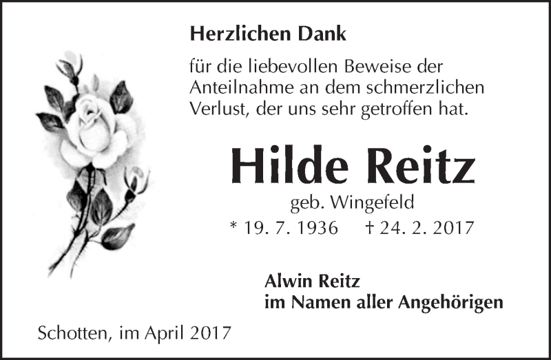  Traueranzeige für Hilde Reitz vom 01.04.2017 aus  Kreisanzeiger