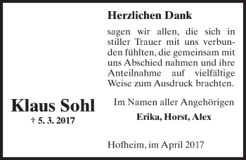Traueranzeige von Klaus Sohl von Trauerportal Rhein Main Presse