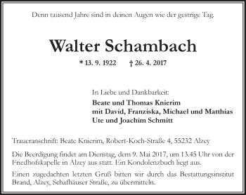 Traueranzeige von Walter Schambach von Trauerportal Rhein Main Presse