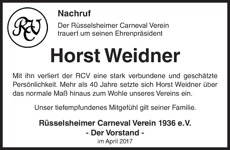  Traueranzeige für Horst Weidner vom 24.04.2017 aus Trauerportal Rhein Main Presse