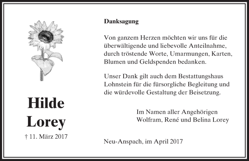  Traueranzeige für Hilde Lorey vom 08.04.2017 aus  Usinger Anzeiger