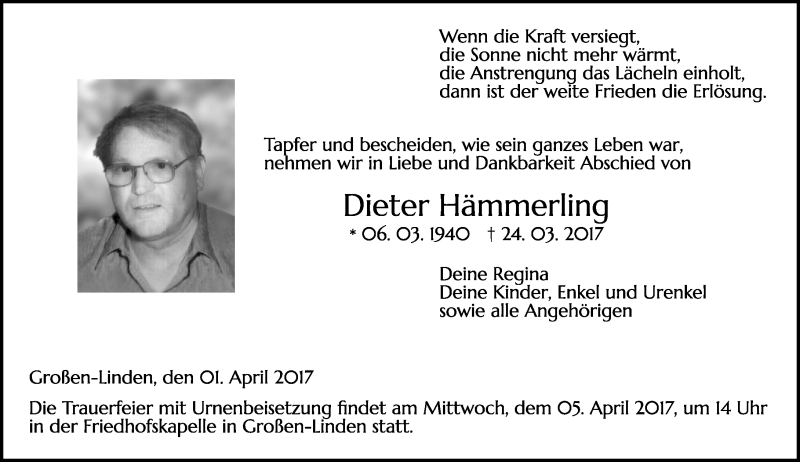  Traueranzeige für Dieter Hämmerling vom 01.04.2017 aus  Gießener Anzeiger