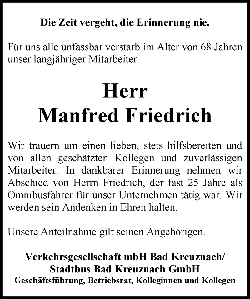  Traueranzeige für Manfred Friedrich vom 13.04.2017 aus Trauerportal Rhein Main Presse