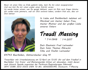 Traueranzeige von Traudl Plassing von Trauerportal Echo Online