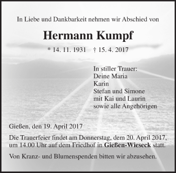 Traueranzeige von Hermann Kumpf von  Gießener Anzeiger