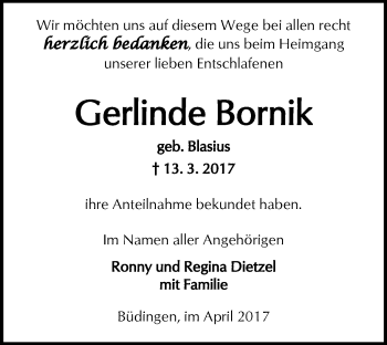 Traueranzeige von Gerlinde Bornik von  Kreisanzeiger