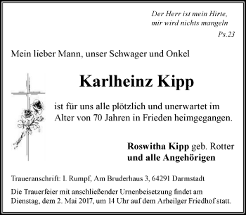 Traueranzeige von Karlheinz Kipp von Trauerportal Echo Online