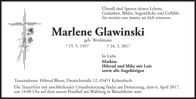  Traueranzeige für Marlene Glawinski vom 01.04.2017 aus Trauerportal Rhein Main Presse
