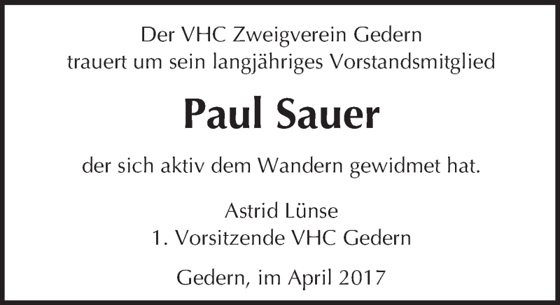  Traueranzeige für Paul Sauer vom 22.04.2017 aus  Kreisanzeiger