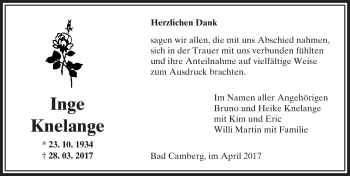 Traueranzeige von Inge Knelange von  Camberger Anzeiger