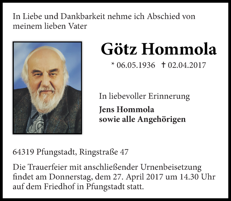  Traueranzeige für Götz Hommola vom 22.04.2017 aus Trauerportal Echo Online
