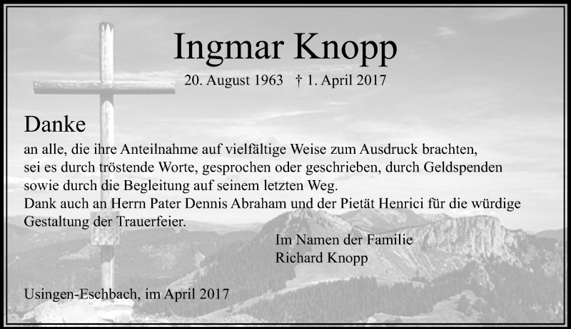  Traueranzeige für Ingmar Knopp vom 29.04.2017 aus  Usinger Anzeiger