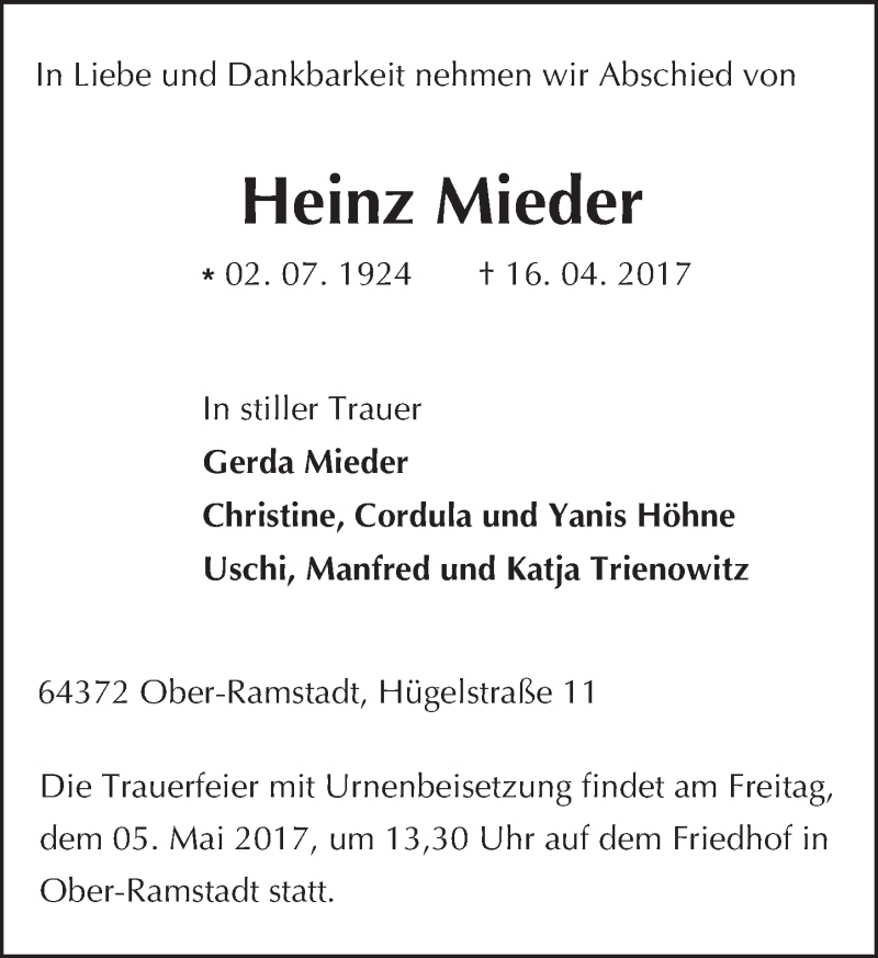  Traueranzeige für Heinz Mieder vom 29.04.2017 aus Trauerportal Echo Online