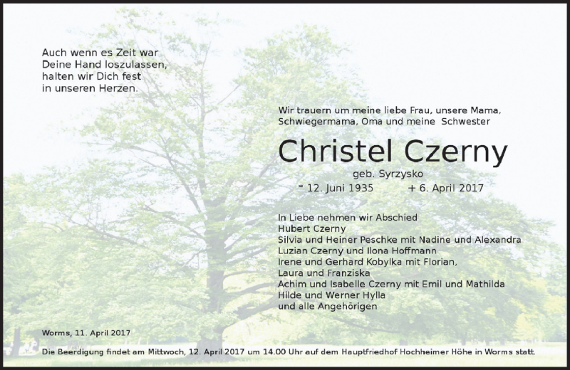  Traueranzeige für Christel Czerny vom 11.04.2017 aus Trauerportal Rhein Main Presse