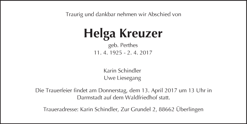  Traueranzeige für Helga Kreuzer vom 08.04.2017 aus Trauerportal Echo Online