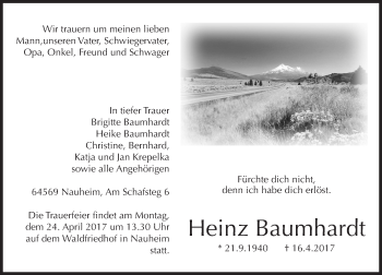 Traueranzeige von Heinz Baumhardt von Trauerportal Rhein Main Presse