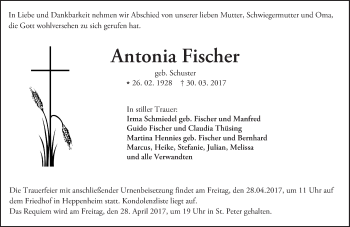 Traueranzeige von Antonia Fischer von Trauerportal Echo Online