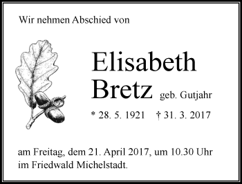 Traueranzeige von Susanne Elisabeth Bretz von Trauerportal Echo Online