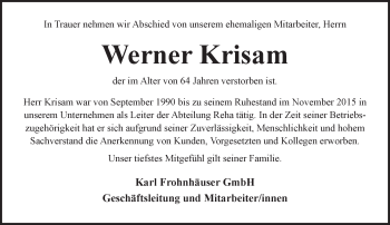 Traueranzeige von Werner Krisam von Trauerportal Rhein Main Presse