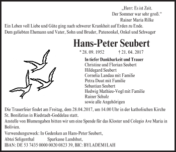 Traueranzeige von Hans-Peter Seubert von Trauerportal Echo Online