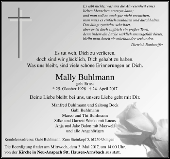 Traueranzeige von Mally Buhlmann von  Usinger Anzeiger