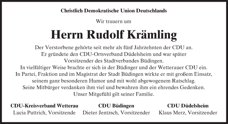  Traueranzeige für Rudolf Krämling vom 29.04.2017 aus  Kreisanzeiger