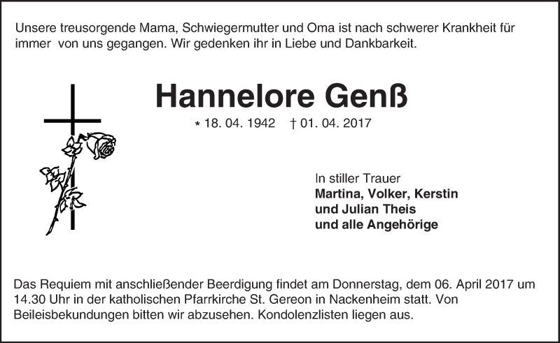  Traueranzeige für Hannelore Genß vom 04.04.2017 aus Trauerportal Rhein Main Presse