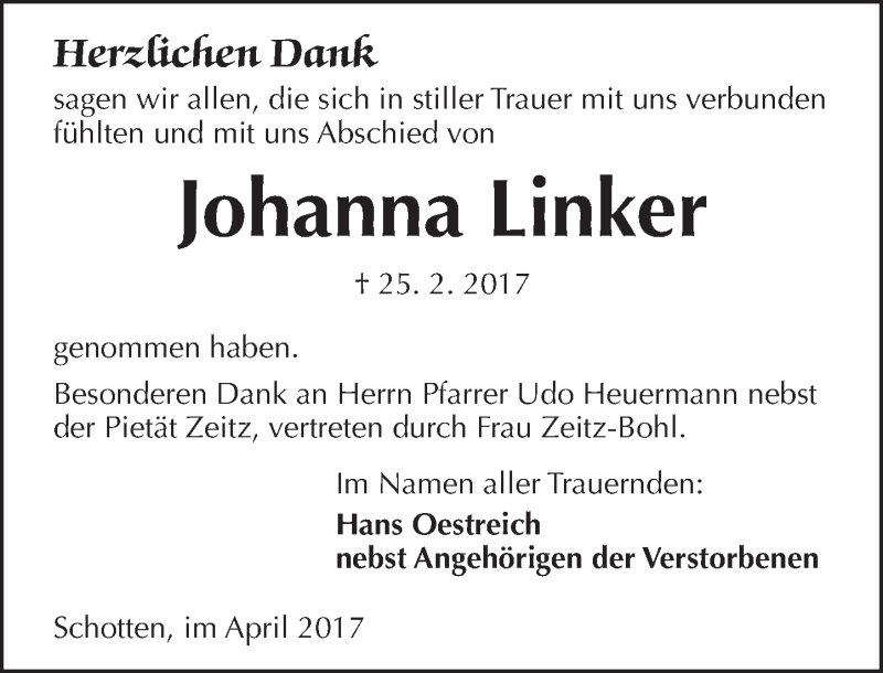  Traueranzeige für Johanna Linker vom 08.04.2017 aus  Kreisanzeiger