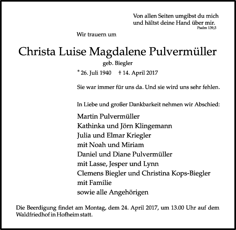  Traueranzeige für Christa Luise Magdalene Pulvermüller vom 21.04.2017 aus Trauerportal Rhein Main Presse