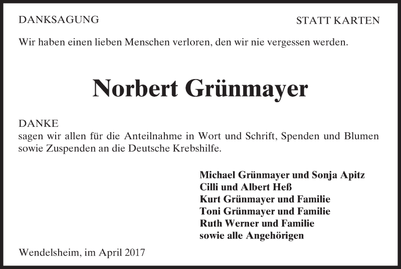  Traueranzeige für Norbert Grünmayer vom 22.04.2017 aus Trauerportal Rhein Main Presse