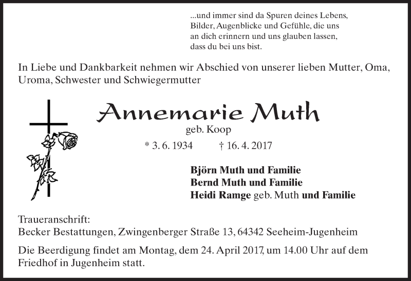  Traueranzeige für Annemarie Muth vom 20.04.2017 aus Trauerportal Echo Online