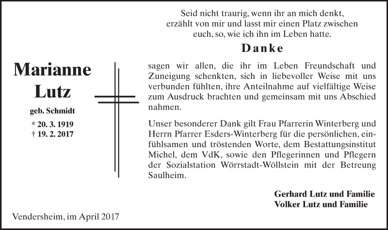  Traueranzeige für Marianne Lutz vom 01.04.2017 aus Trauerportal Rhein Main Presse