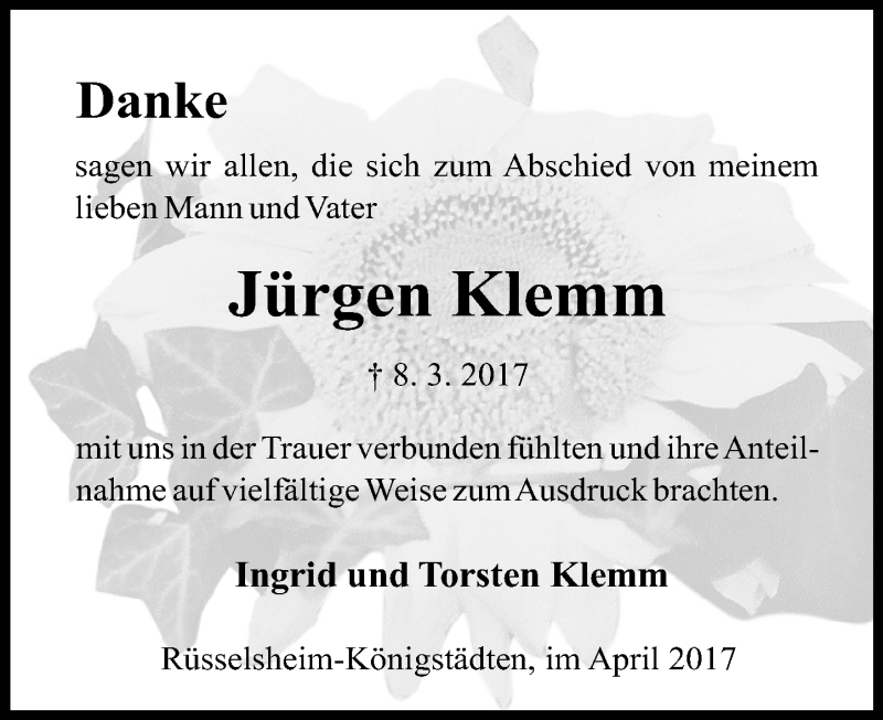  Traueranzeige für Jürgen Klemm vom 12.04.2017 aus Trauerportal Rhein Main Presse