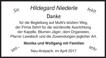 Traueranzeige von Hildegard Niederle von  Usinger Anzeiger