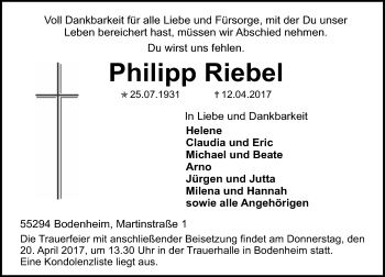 Traueranzeige von Philipp Riebel von Trauerportal Rhein Main Presse