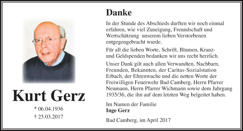  Traueranzeige für Kurt Gerz vom 13.04.2017 aus  Camberger Anzeiger