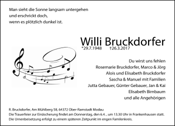 Traueranzeige von Willi Bruckdorfer von Trauerportal Echo Online