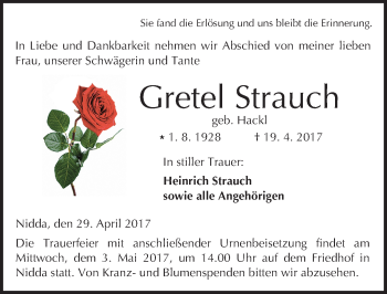 Traueranzeige von Gretel Strauch von  Kreisanzeiger