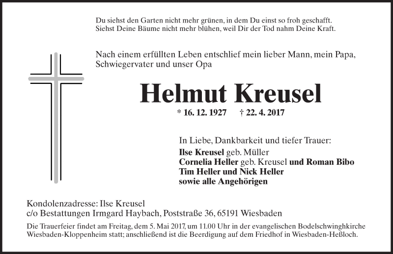  Traueranzeige für Helmut Kreusel vom 29.04.2017 aus Trauerportal Rhein Main Presse