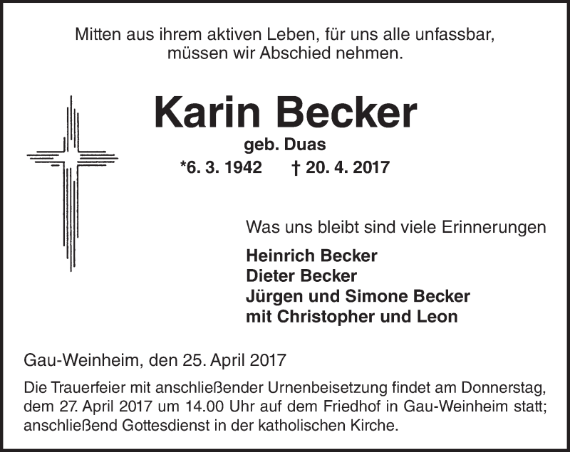  Traueranzeige für Karin Becker vom 25.04.2017 aus Trauerportal Rhein Main Presse
