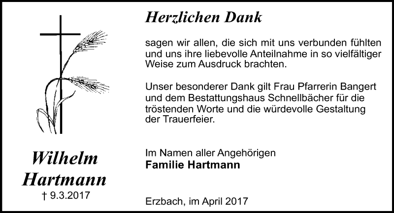  Traueranzeige für Wilhelm Hartmann vom 29.04.2017 aus Trauerportal Echo Online
