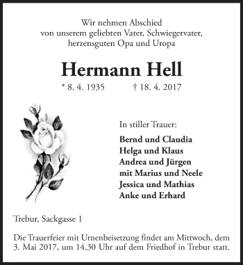 Traueranzeige von Hermann Hell von Trauerportal Rhein Main Presse